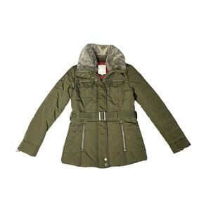 S. Oliver Olive Green Belted Parka Puffer Jacket w/ Removable Fur Collar Small